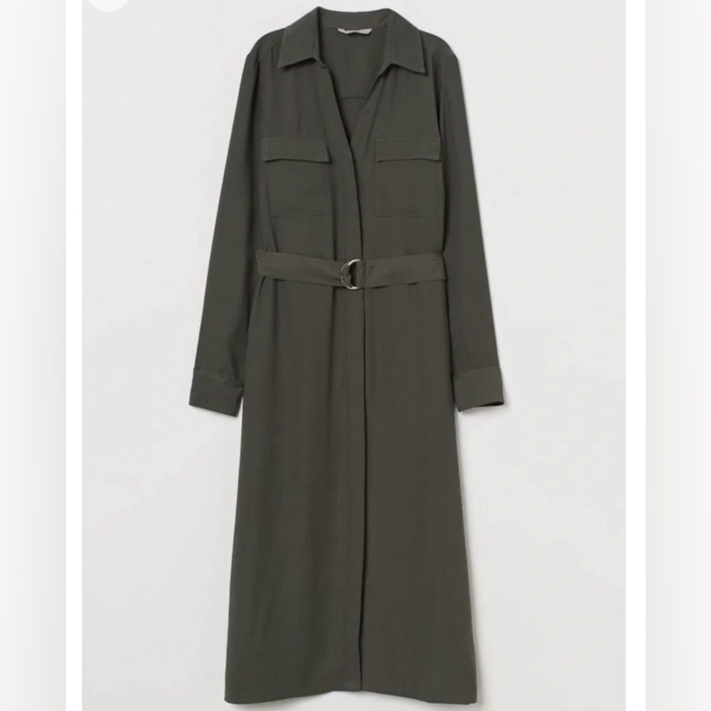 H&M Olive Green Long-Sleeve Shirt Dress with Belt